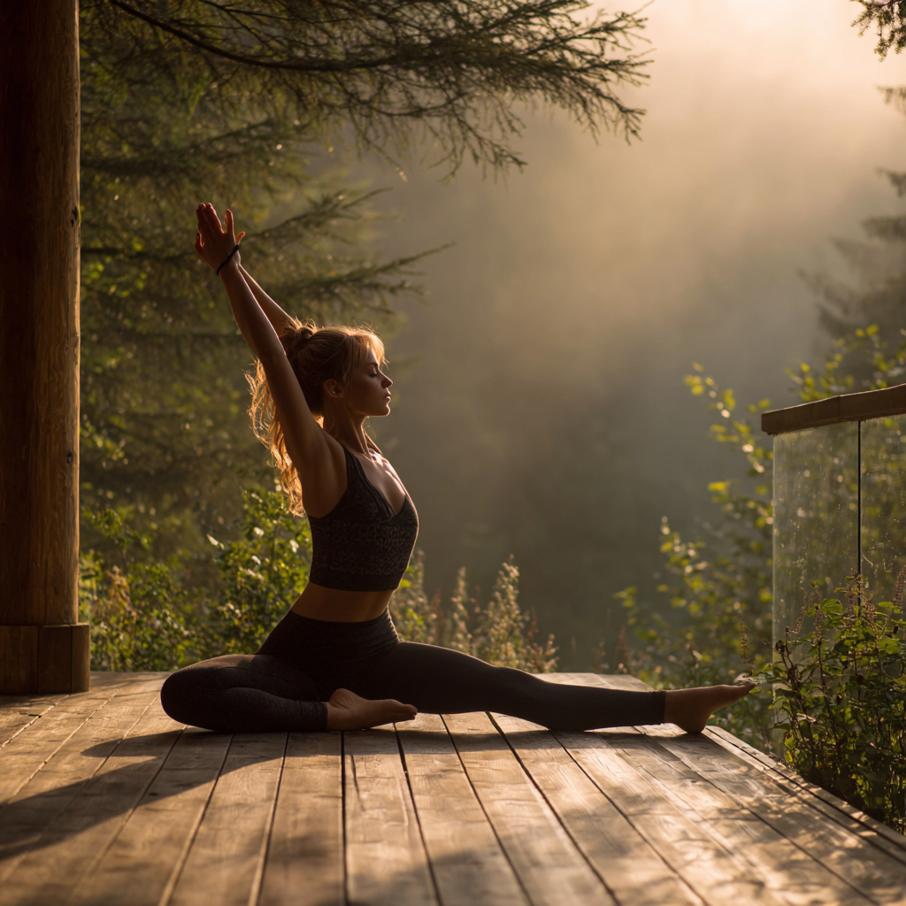 Mulher a praticar yoga ao pôr do sol numa praia portuguesa, em postura de guerreiro